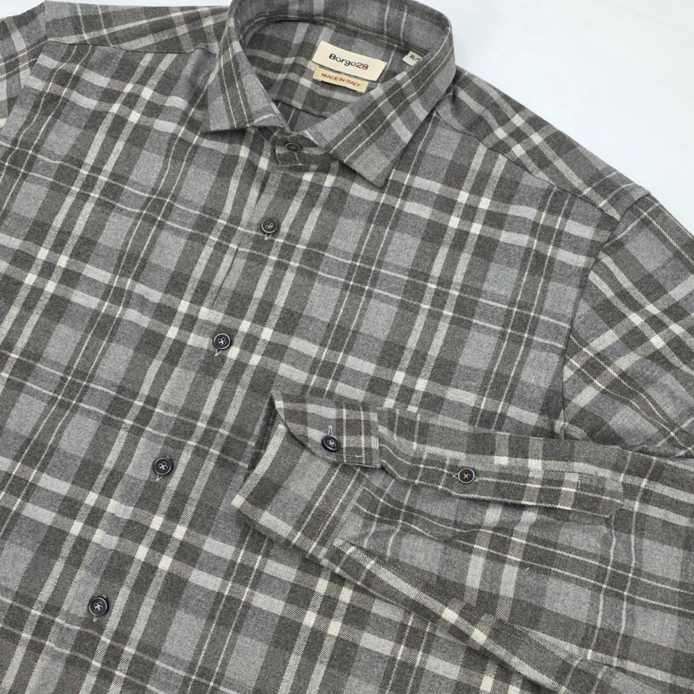 BORGO28 PLAID BUTTON DOWN SHIRT MENS XL GRAY MADE IN ITALY VISCOSE DESIGNER EUC!